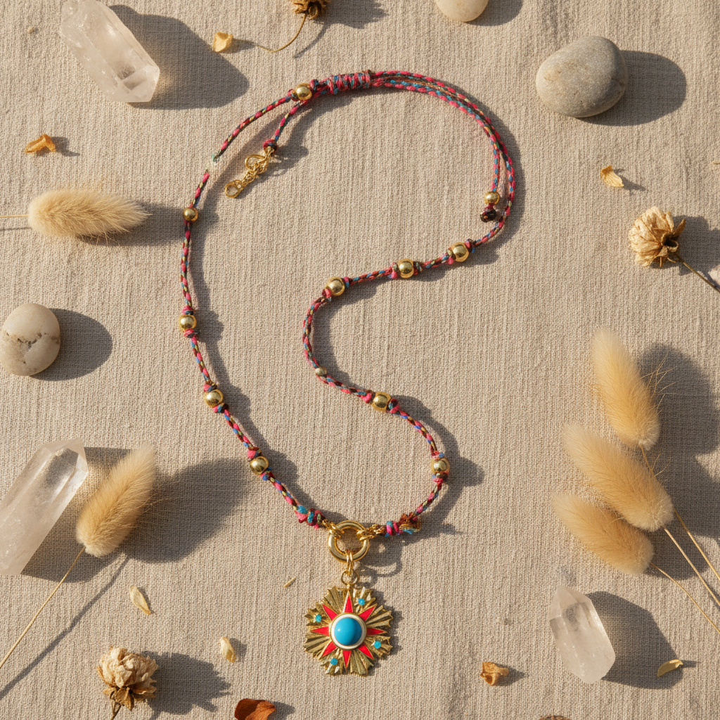 金色波西米亚项链摆放图 - 平铺拍摄 - ourlovejewelry