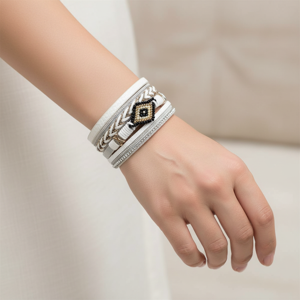 Model Wearing White Leather Bracelet - Close Up Wrist Shot - ourlovejewelry