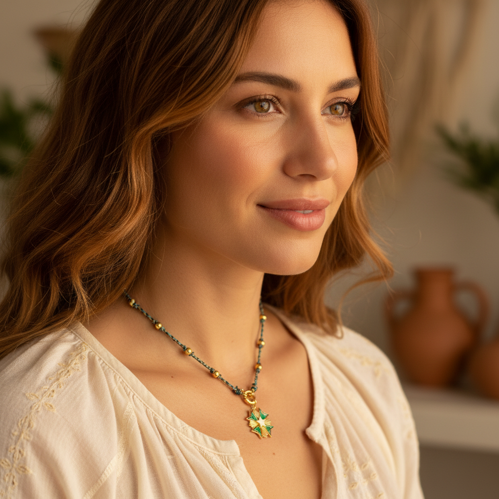 Model Wearing Adjustable Gold Boho Necklace - Close Up Lifestyle Shot - ourlovejewelry