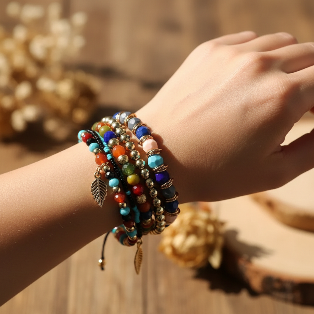 Woman Wearing Colorful Boho Bracelet - Wrist Close Up with Gemstone Beads - ourlovejewelry