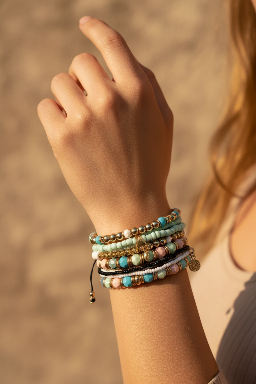 Woman Wearing Boho Bracelet - Wrist Close Up with Beaded Design - ourlovejewelry