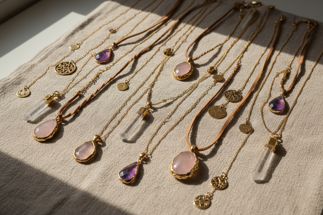 How to layer bohemian necklaces - boho jewelry stacking guide with gemstone pendants and gold chains