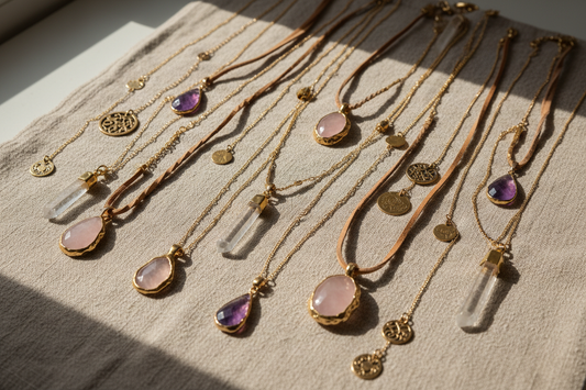 How to layer bohemian necklaces - boho jewelry stacking guide with gemstone pendants and gold chains