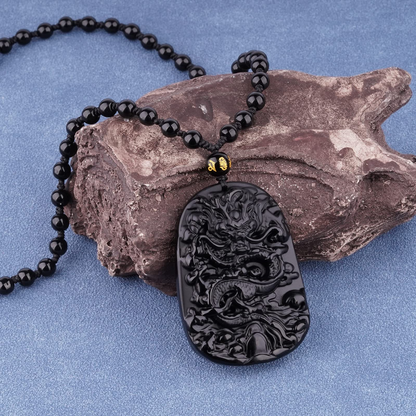 Black Obsidian Chinese Dragon Necklace-Attract Protection And Fortune