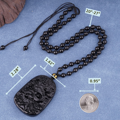 Black Obsidian Chinese Dragon Necklace-Attract Protection And Fortune