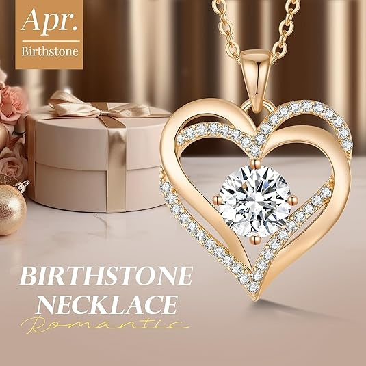 Apr Gold Love Heart  Birthstone Necklace - ourlovejewelry