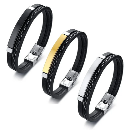 3PCS Stainless Steel  Leather Men Bracelet