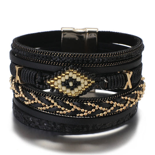 Black Leather  Boho Bracelet