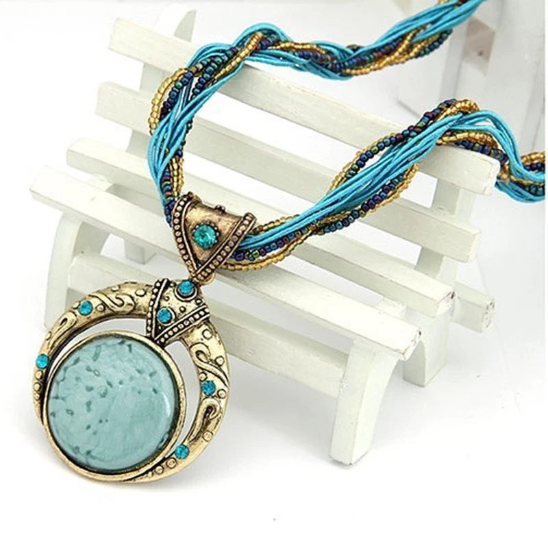 Vintage Boho Pendant Necklace for Women - Turquoise Stone Rope Necklace - ourlovejewelry
