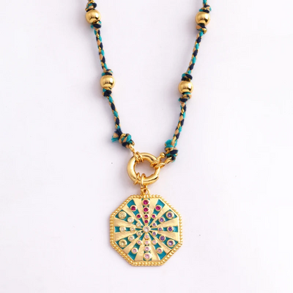 Boho Pendant Necklace for Women - 14K Gold Plated Cotton Cord Adjustable