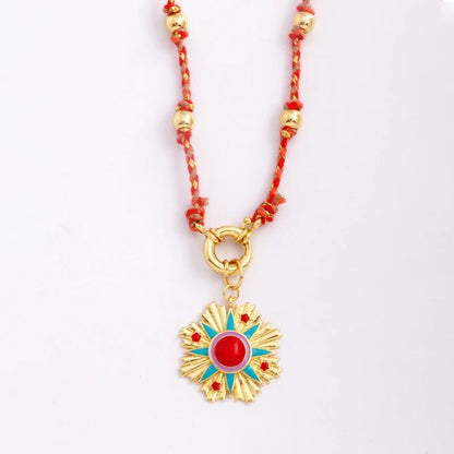 Red Beaded Necklace for Women - Boho 14K Gold Plated Cotton Cord Pendant