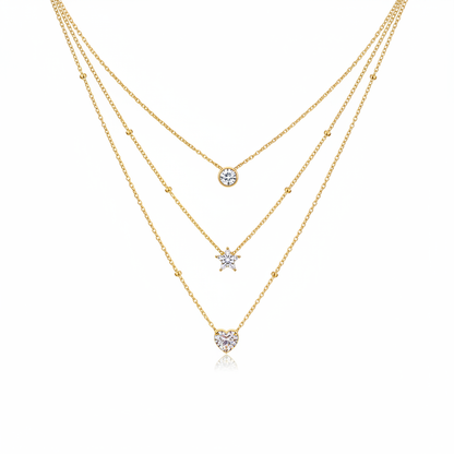 Layered Gold Necklace White Background - Three Layer Chain with Round Star Heart Pendants