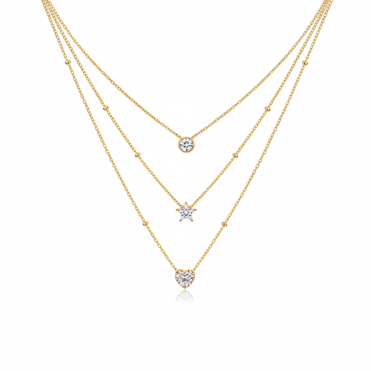 Layered Gold Necklace White Background - Three Layer Chain with Round Star Heart Pendants
