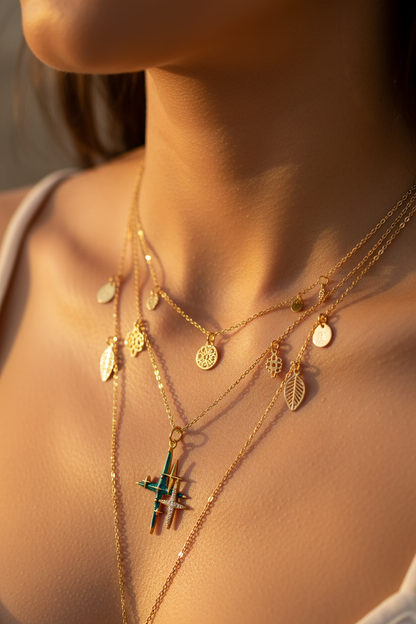 Gold Layered Necklace Neck Close Up - Bohemian Chain Detail