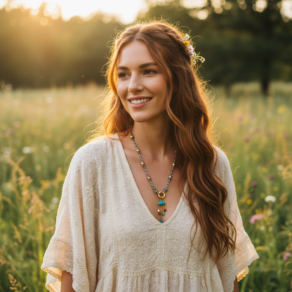 Woman Wearing Colorful Boho Necklace - Upper Body Lifestyle Photography
