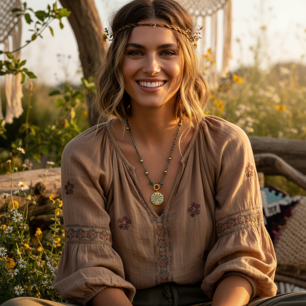 Woman Wearing Boho Pendant Necklace - Upper Body Lifestyle Photography - ourlovejewelry