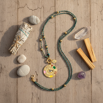 Evil Eye Necklace Flat Lay - Spiritual Product Photography with Bohemian Styling