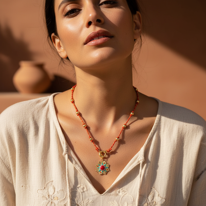 Model Wearing Red Beaded Necklace - Close Up Lifestyle Shot
