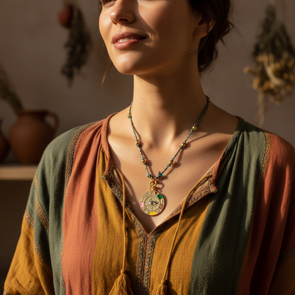 Model Wearing Evil Eye Necklace - Close Up Spiritual Lifestyle Shot