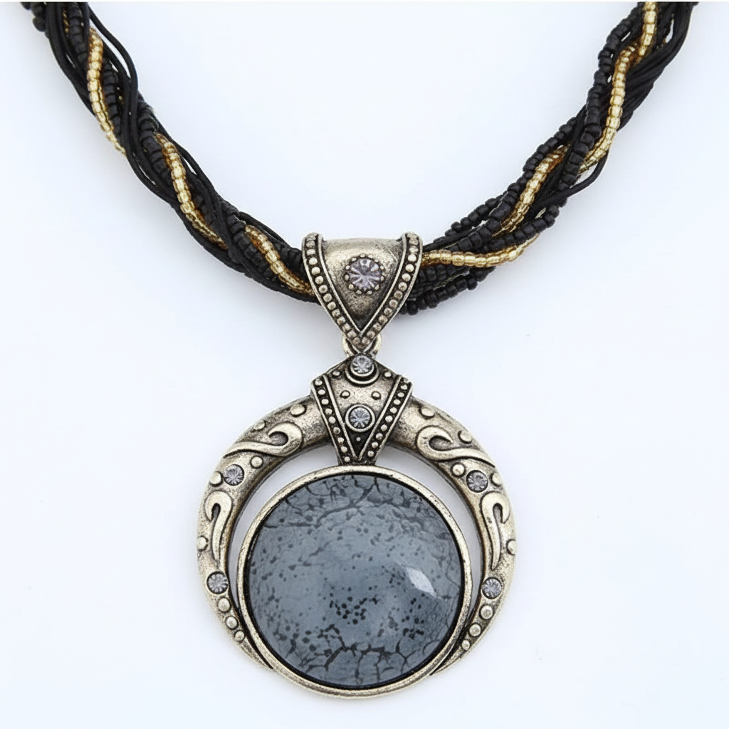 Vintage Boho Moon Necklace White Background - Crescent Pendant with Blue Grey Gemstone - ourlovejewelry