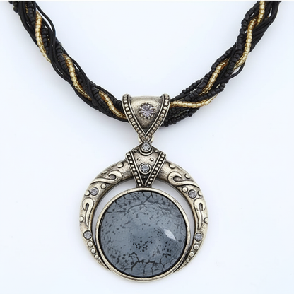 Vintage Boho Moon Necklace White Background - Crescent Pendant with Blue Grey Gemstone