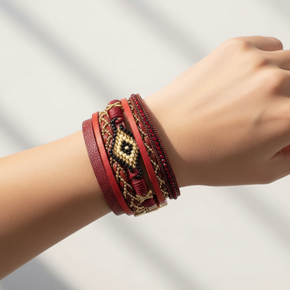 Model Wearing Red Leather Bracelet - Close Up Wrist Shot Boho Jewelry