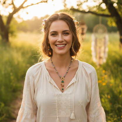 Woman Wearing Colorful Boho Necklace - Upper Body Lifestyle Photography