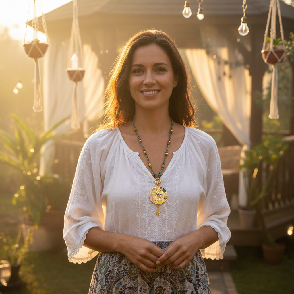 Woman Wearing Evil Eye Protection Necklace - Upper Body Lifestyle Photography - ourlovejewelry