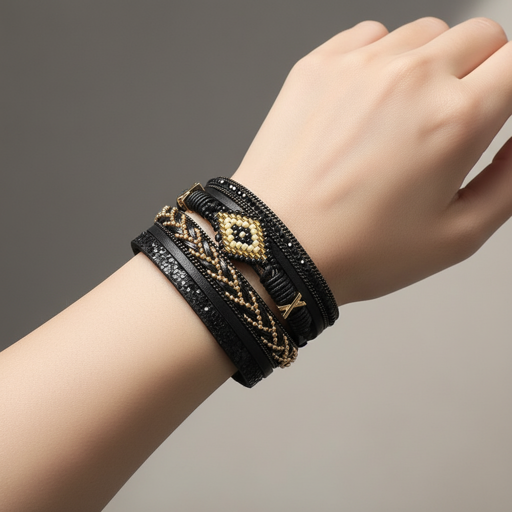 Model Wearing Black Leather Bracelet - Close Up Wrist Shot Boho Jewelry