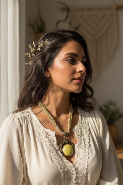 Woman Wearing Vintage Boho Necklace - Close Up Portrait