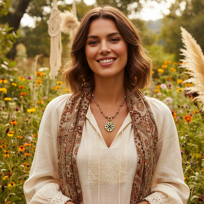 Woman Wearing Gold Boho Necklace - Upper Body Lifestyle Photography