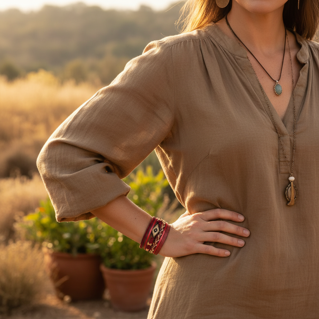 Woman Wearing Red Leather Wrap Bracelet - Upper Body Lifestyle Photography
