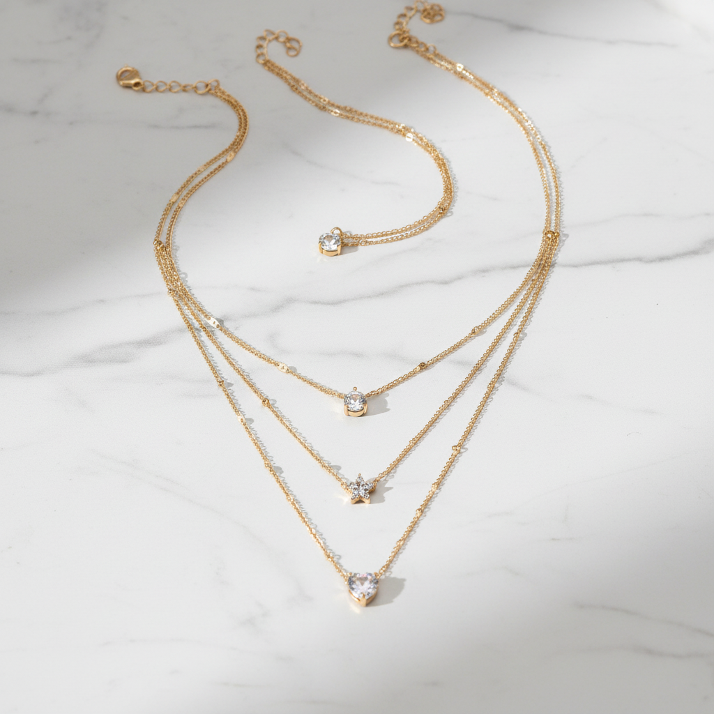 Multi Layer Gold Necklace Flat Lay - Marble Background Product Photography - ourlovejewelry