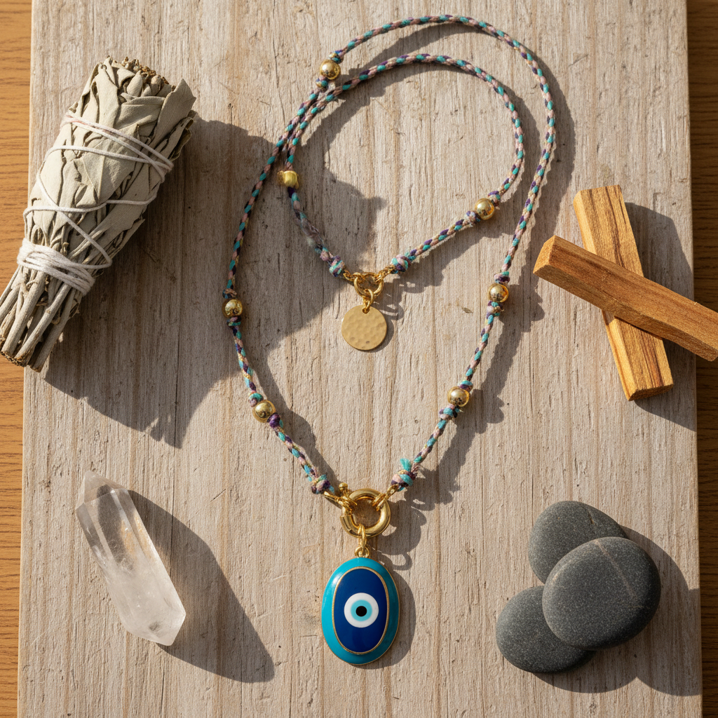 Evil Eye Protection Necklace Flat Lay - Spiritual Product Photography with Sacred Elements - ourlovejewelry