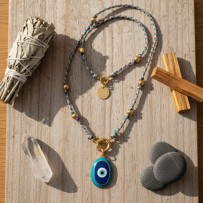 Evil Eye Protection Necklace Flat Lay - Spiritual Product Photography with Sacred Elements