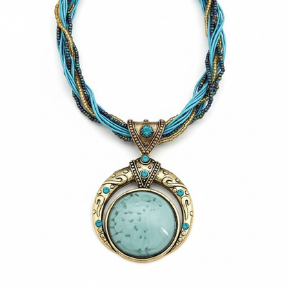 Vintage Boho Pendant Necklace White Background - Crystal Rope Statement Piece