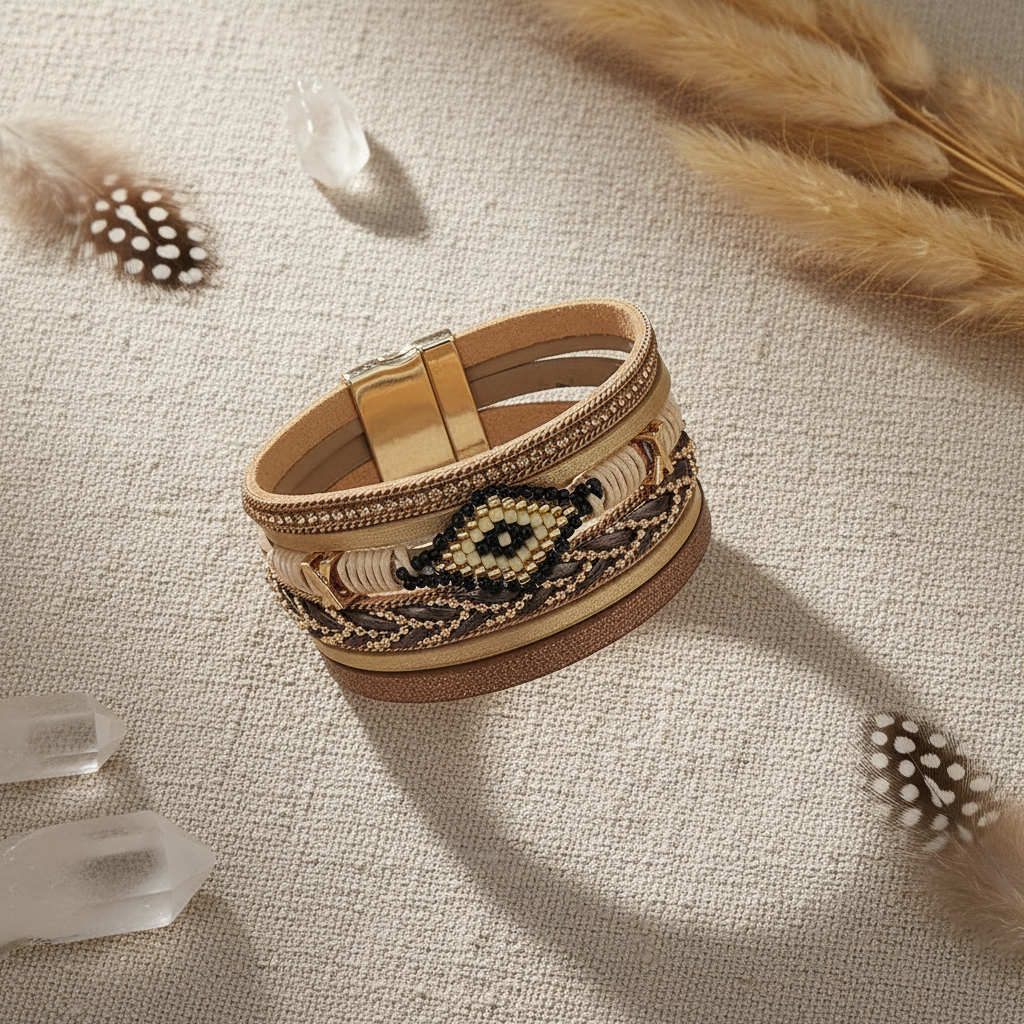Boho Leather Bracelet Flat Lay - Minimalist Product Photography with Natural Elements