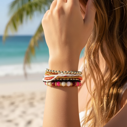 Red Beaded Boho Bracelet on Wrist - Beach Lifestyle Photography
