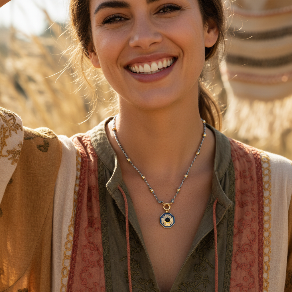 Model Wearing Boho Necklace - Close Up Lifestyle Shot - ourlovejewelry