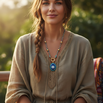 Woman Wearing Evil Eye Talisman Necklace - Upper Body Lifestyle Photography