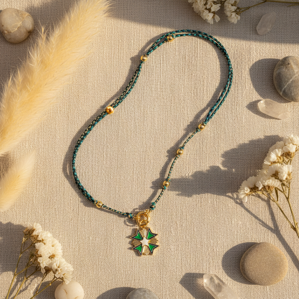 Adjustable Gold Boho Necklace Flat Lay - Product Photography with Bohemian Styling - ourlovejewelry