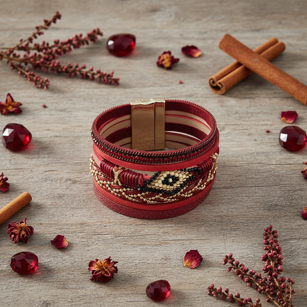Red Leather Bracelet Flat Lay - Minimalist Product Photography with Passionate Elements