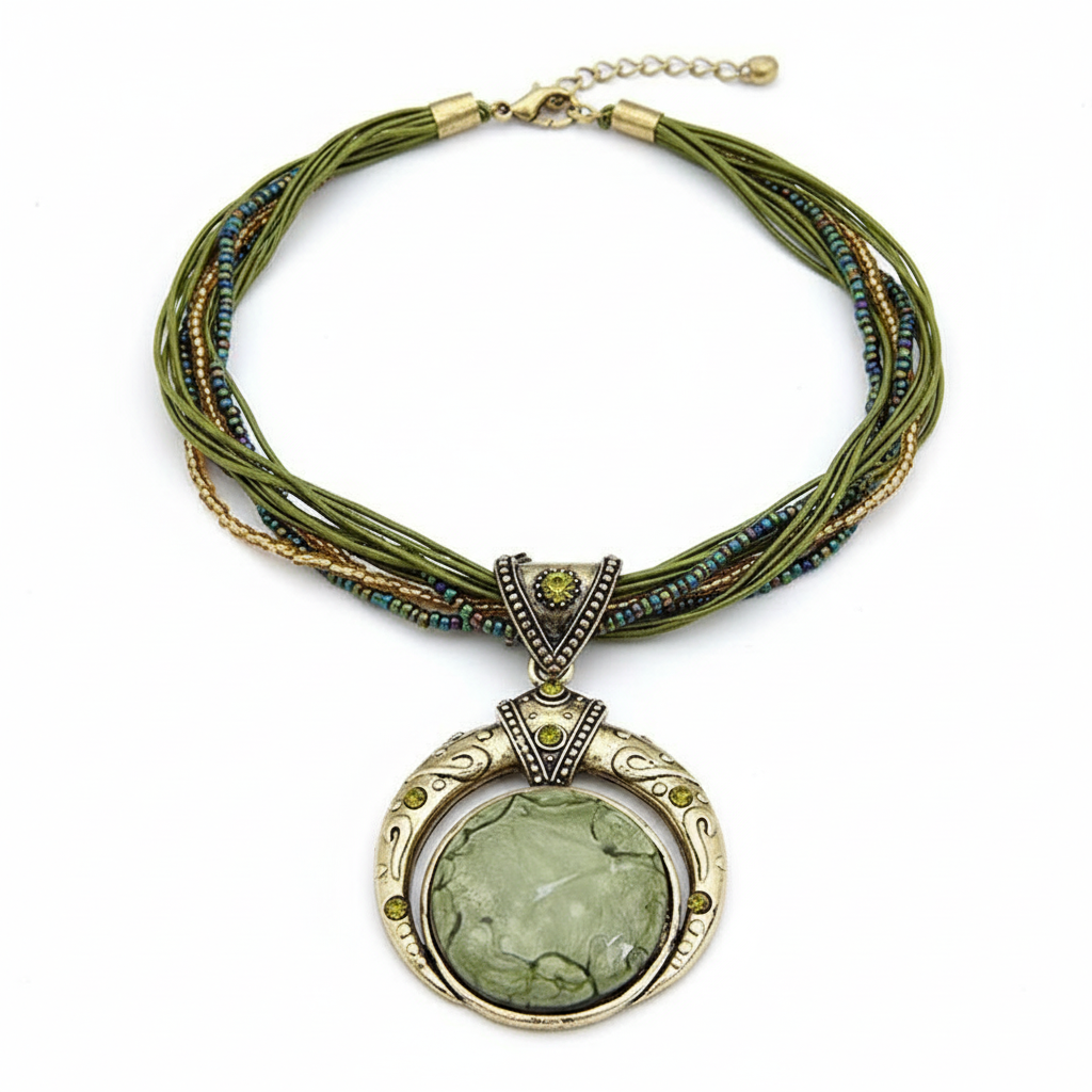 Vintage Boho Necklace White Background - Crystal Beads and Rope Product Photo - ourlovejewelry