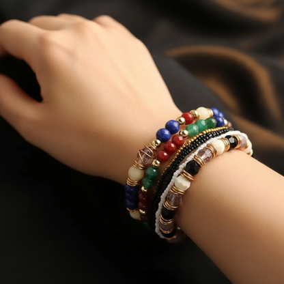 Woman Wearing Colorful Bead Boho Bracelet - Wrist Close Up with Vibrant Gemstones