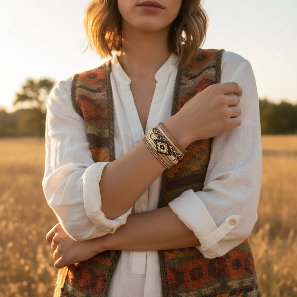 Person Wearing Boho Leather Wrap Bracelet - Upper Body Lifestyle Photography