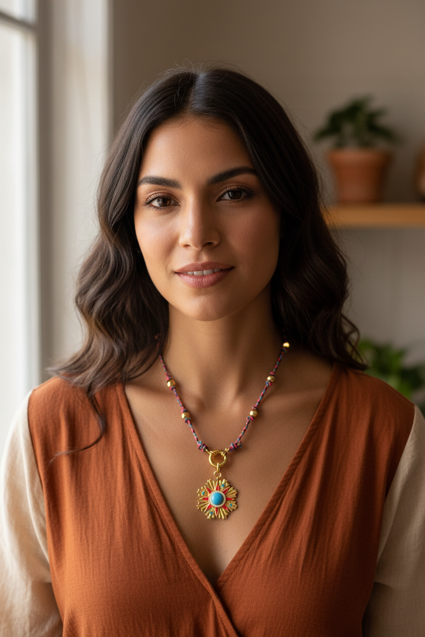 Model Wearing Adjustable Gold Boho Necklace - Close Up Lifestyle Shot - ourlovejewelry