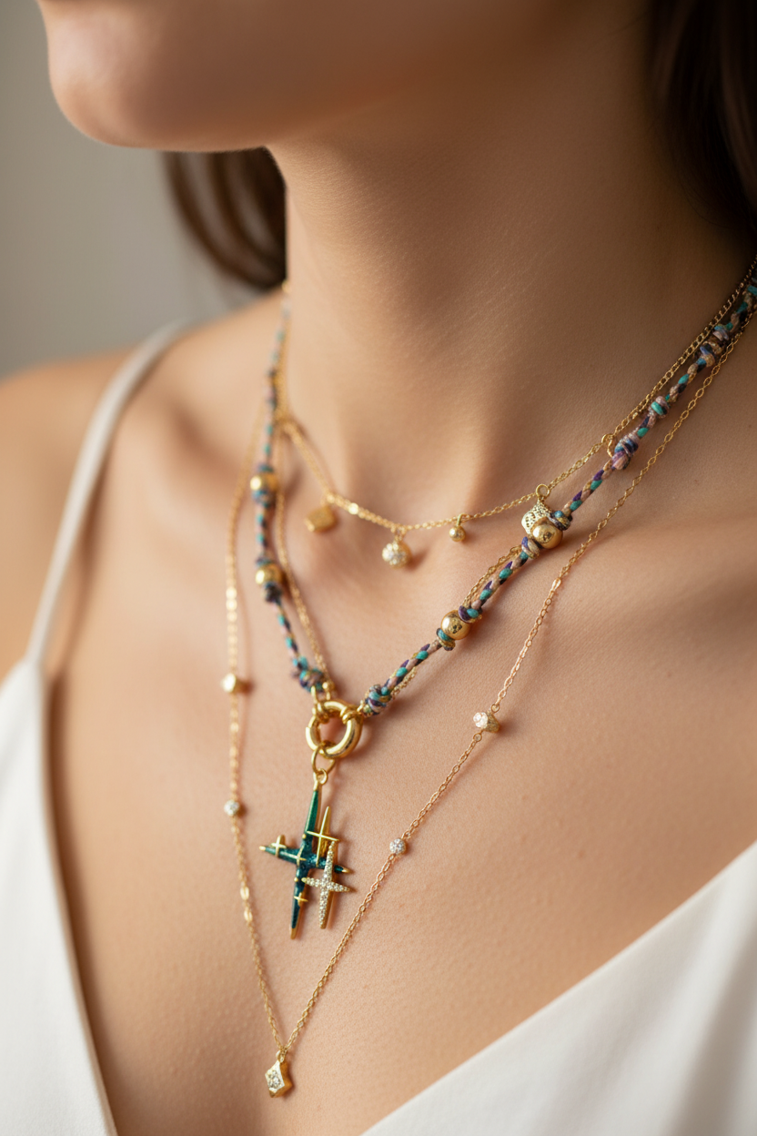 Woman Wearing Gold Boho Necklace - Neck and Décolletage Close Up - ourlovejewelry