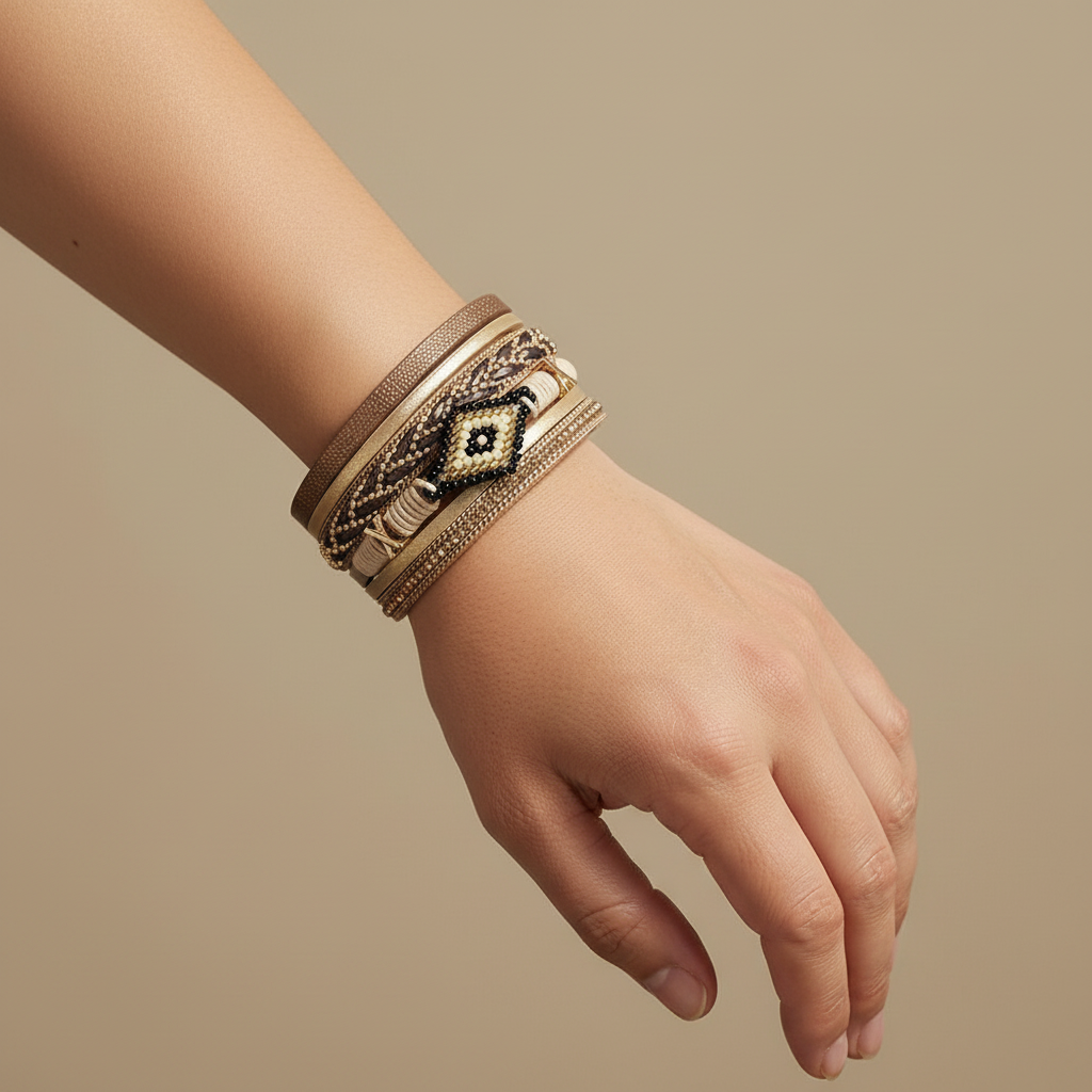 Model Wearing Boho Leather Bracelet - Close Up Wrist Shot Unisex Jewelry