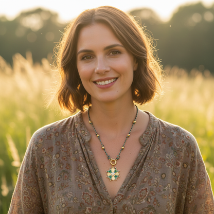 Woman Wearing Gold Boho Necklace - Upper Body Lifestyle Photography