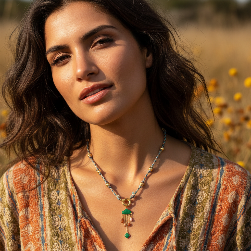 Model Wearing Colorful Boho Necklace - Close Up Lifestyle Shot - ourlovejewelry